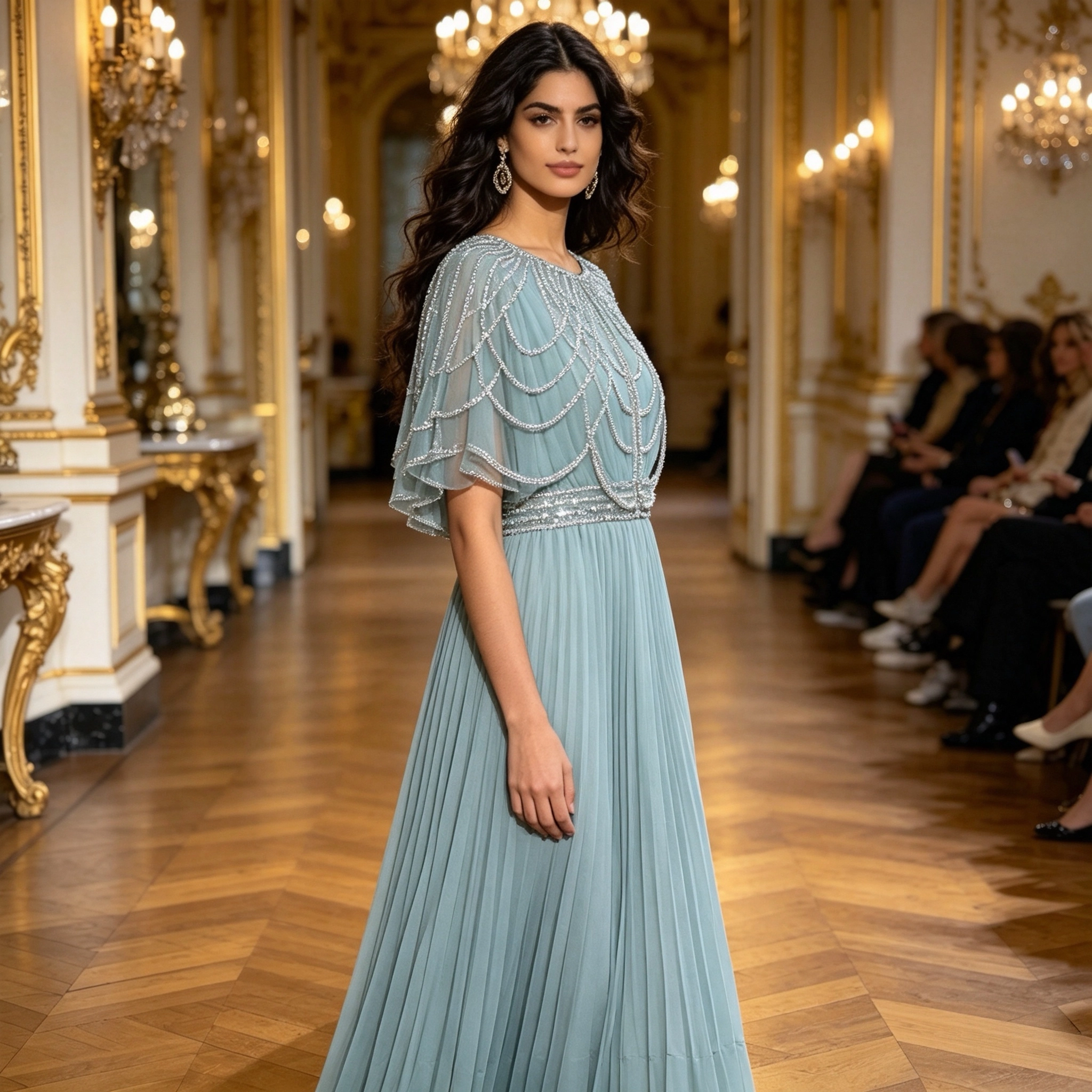 Robe de soirée musulmane vintage, ornée de strass, avec cape en maille transparente, plissée, longueur maxi, robe islamique pour femmes .